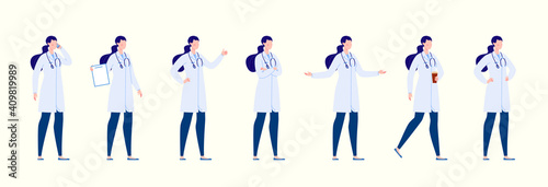 Doctor character creation set with various poses and gestures. Isolated. Female doctor.