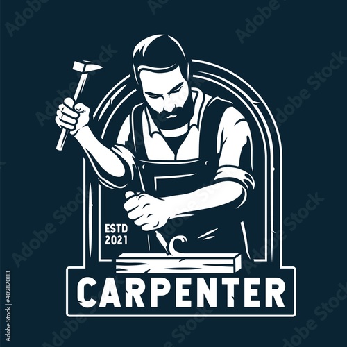 Silhouette of bearded carpenter. Woodworker with chisel in his hands. Monochrome wood carving woodcraft logo