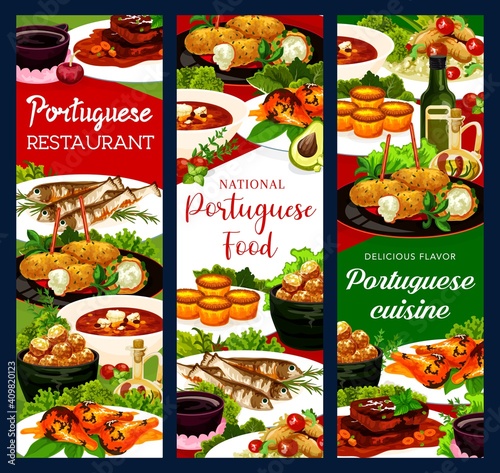 Portugal restaurant dishes cod soup, fish croquettes, cod pasteigi, sardines and pasteh cakes. Piri riri chicken, jinia cherry liquor or stewed chicken in wine with beef stew portuguese national meals photo
