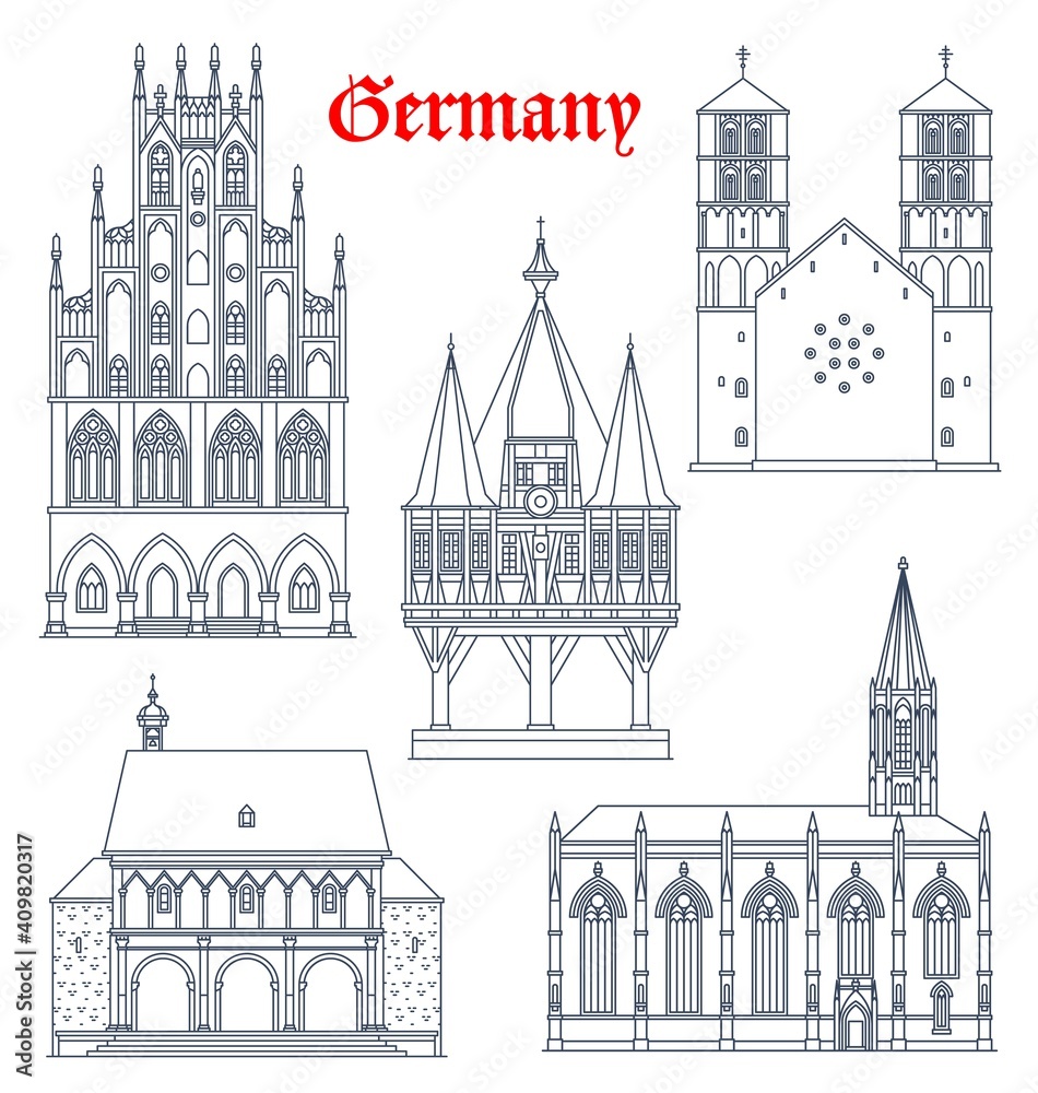 Germany landmark buildings and cathedrals icons, vector German travel and famous architecture, vector. Rathaus in Munster Westphalia, St Lambert catholic church, Sankt Paulus Dom and wooden chapel