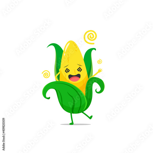 Corn character feeling dizzy isolated on a white background. Corn character emoticon illustration