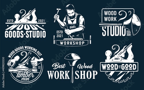 Set of emblems with equipment for wood workshop or joiner craft studio. Carpenter tool for repair, professional carpentry work