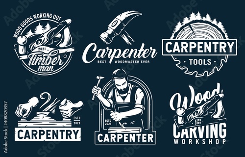 Set of emblems with equipment for wood workshop or joiner craft studio. Carpenter tool for repair, professional carpentry work