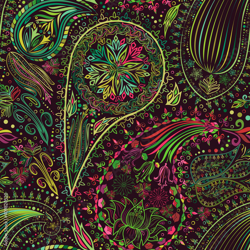 Vintage floral motif ethnic seamless background. Abstract lace pattern. Ability to edit the colors, without losing seamlessly. Hand drawing colorful wallpaper.
 EPS10 vector texture.
