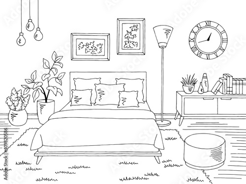 Bedroom graphic black white home interior sketch illustration vector 