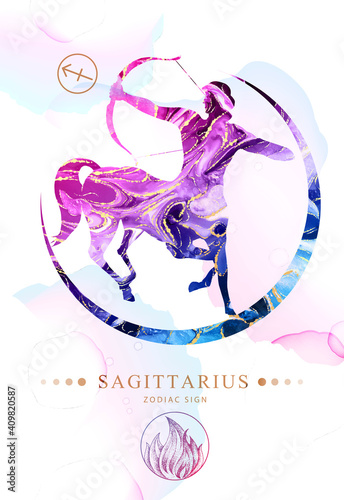 Modern magic witchcraft card with astrology Sagittarius zodiac sign  with alcohol ink texture. Zodiac characteristic. Marble texture background