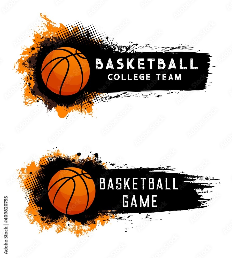 Basketball ball, team game, streetball sport club, vector banners and college or varsity emblems. Basketball college team championship and tournament orange ball with action halftone splash