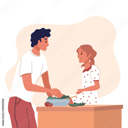 Happy people cooking on kitchen table. Father with daughter spend time together. Parents and children preparing meals for dinner, making salad. Father's day. Flat cartoon vector illustration.