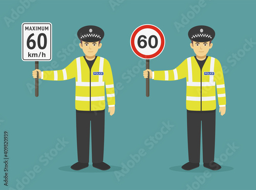 Isolated police officer holding traffic or road sign. Speed limit. Flat vector illustration template.