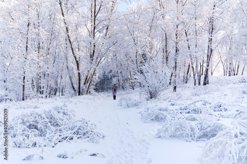 Woman walking through the snow in winter park, Winter time, landscape. © elena_siberia