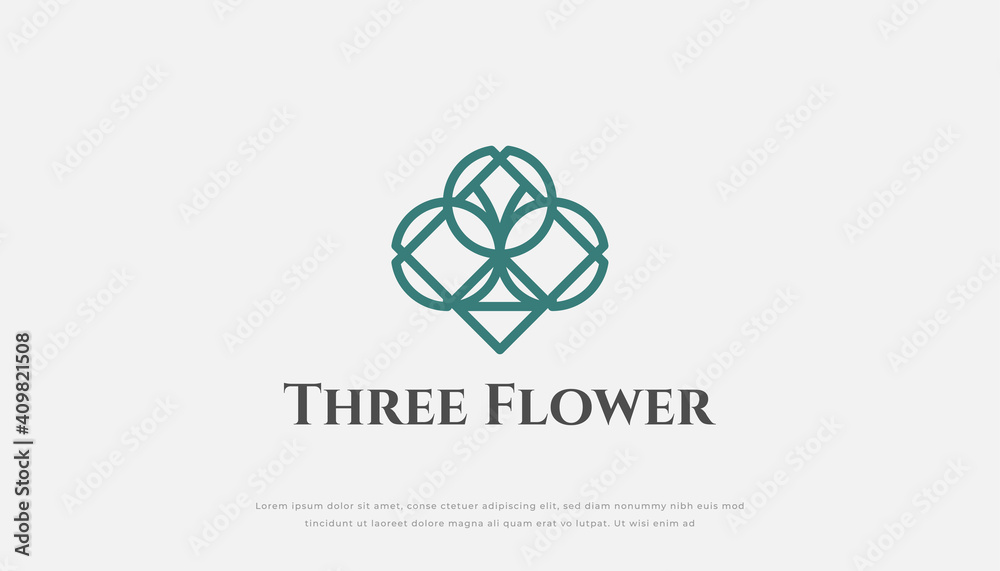Three Flowers Logo Design in Abstract Linear Style Isolated on White Background. Usable for Hotel, Resort, Spa, Jewelry and Beauty Logos. Flat Vector Logo Design Template Element Three Flowers Logo Design in Abstract Linear Style Isolated on White Background. Usable for Hotel, Resort, Spa, Jewelry and Beauty Logos. Flat Vector Logo Design Template Element