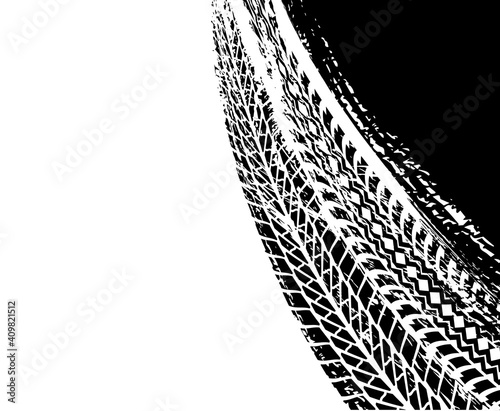 Offroad tyre print and grunge spot vector background, black dirty tire trace for automobile service, off road race competition design. Grungy vehicle trail texture, rally, motocross dirty tire pattern