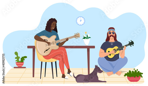 Female character uses guitar. Male bard with ukulele. Musicians are playing strings on instrument. Guitarist making melody. People creates music. Man sings with woman in duet vector illustration