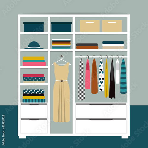 Capsule minimalistic open wardrobe. Wooden closet with tidy clothes, shirts, sweaters, boxes and shoes. Home interior. Flat design vector illustration.