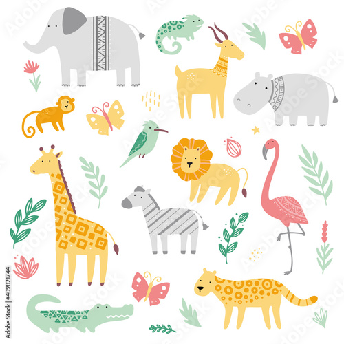 Set of cute african zoo animals giraffe  zebra  lion  bird  elephant  snake  lizard  cheetah  crocodile. Flat and simple design style for baby  children illustration.