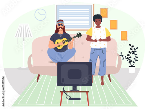 Male bard playing guitar or ukulele. African american woman listening to her friend singing. Character creates music. Musician plumbing strings on instrument. Couple watching tv vector illustration