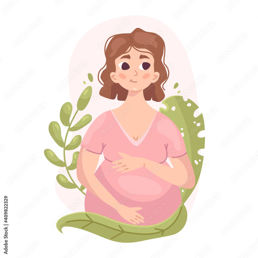 Vector cartoon illustration. cute pregnant woman touching belly with plants. pregnancy and motherhood. in pastel colors Vector cartoon illustration. cute pregnant woman touching belly with plants. pregnancy and motherhood. in pastel colors