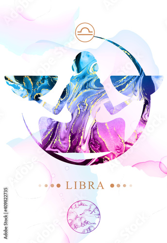 Modern magic witchcraft card with astrology Libra zodiac sign  with alcohol ink texture. Zodiac characteristic. Marble texture background