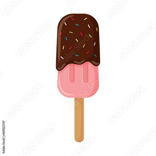 Ice cream on a stick, pink popsicle with chocolate icing and decorative sprinkles. Sweet, high-calorie, unhealthy food, dessert. Color vector illustration in cartoon flat style. Isolated on white