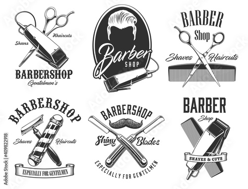 Barber shop vector signs and icons, gentleman and hipster haircut, beard and mustaches shaving salon. Premium quality barbershop pole signage, razor blade, scissors, comb and hair trimmer