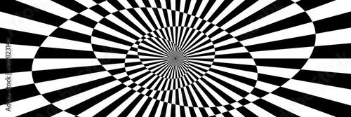 Vector illustration of stripes and shapes with optical illusion. Op art abstract background. Long horizontal banner.