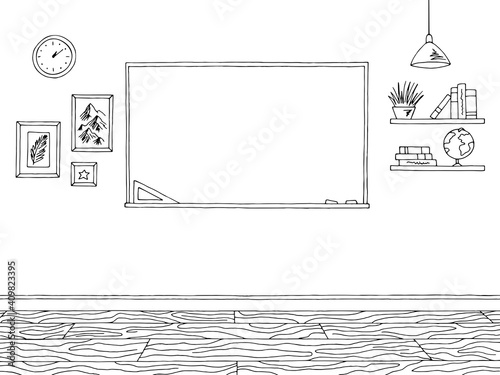 Classroom graphic black white school interior sketch illustration vector 