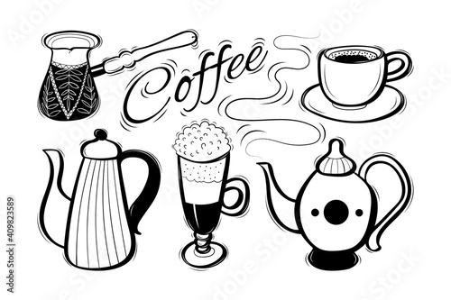 Set of cute decorative hand drawn coffee supplies with lettering. Sketchy doodle objects. Vector illustration.