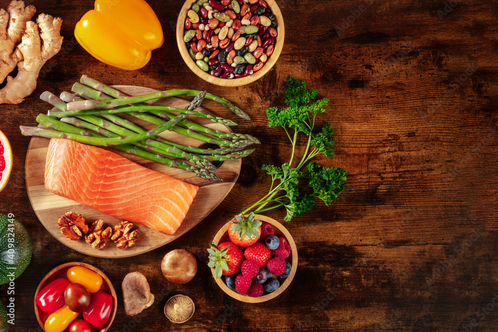 Healthy diet, top shot with a place for text, on a dark rustic wooden background Healthy diet, top shot with a place for text, on a dark rustic wooden background