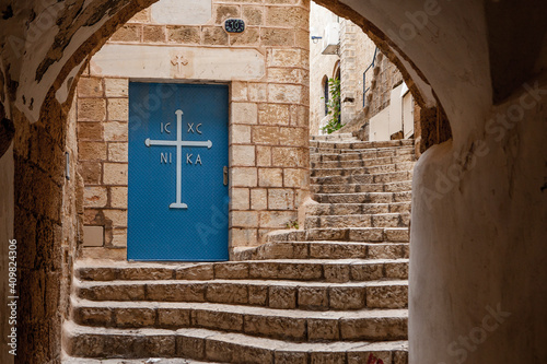 doors of the church in stone old city Jaffa in Tel Aviv