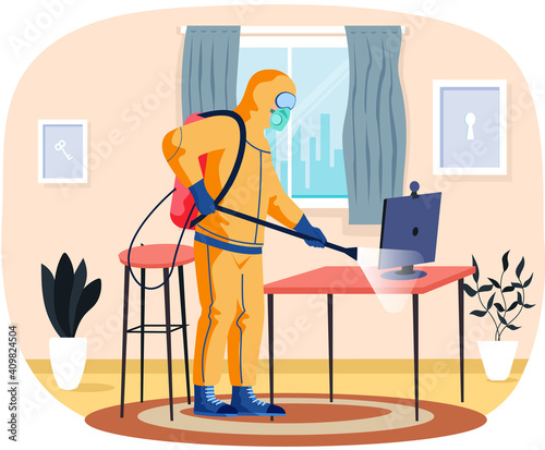 Man in protective suit disinfects workplace with spray gun. Virus pandemic COVID-19. Prevention against Coronavirus disease. Premises sanitization concept. Sanitary inspection worker disinfects house