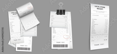 Shop receipts, paper cash checks with barcode. Vector realistic set of purchase bills, pile of printed invoices. Shopping cheques with binder clip isolated on gray background