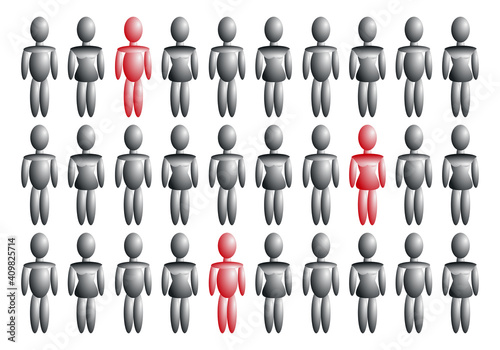 Inmunidad de rebaño. Grupo de personas, hombre y mujeres inmunizados y no inmunizados en negro y rojo.