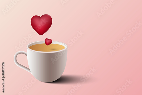 Floating heart on coffee cup on pink background. Valentines day and love concept. Coffee love.
