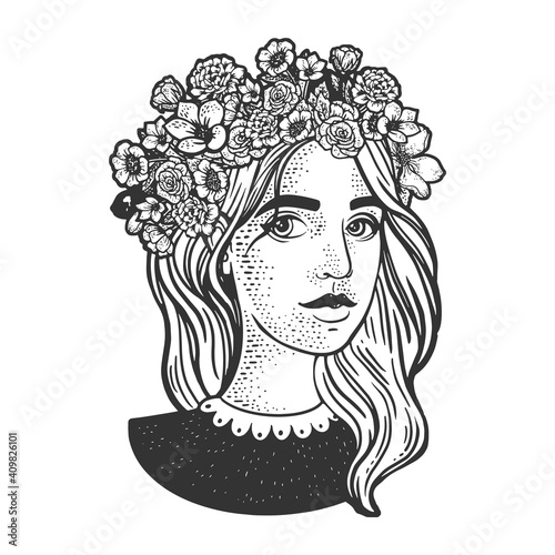 girl with flower wreath on her head sketch engraving vector illustration. T-shirt apparel print design. Scratch board imitation. Black and white hand drawn image.
