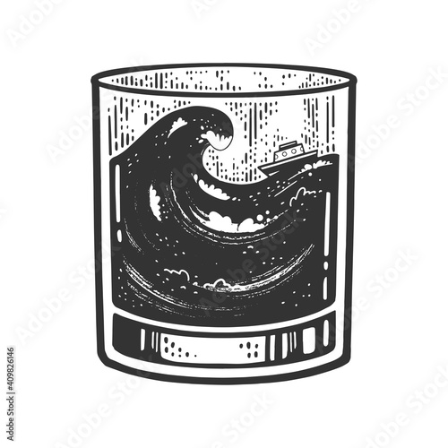 Ship in storm in glass sketch engraving vector illustration. T-shirt apparel print design. Scratch board imitation. Black and white hand drawn image.
