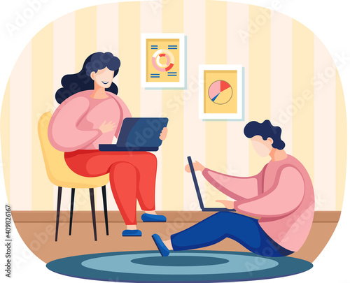 Young people sitting with laptop in livingroom. Businessman and woman working in home office. Guy and girl freelancer serfing in internet enterpreneur performs work or studying on computer remotely