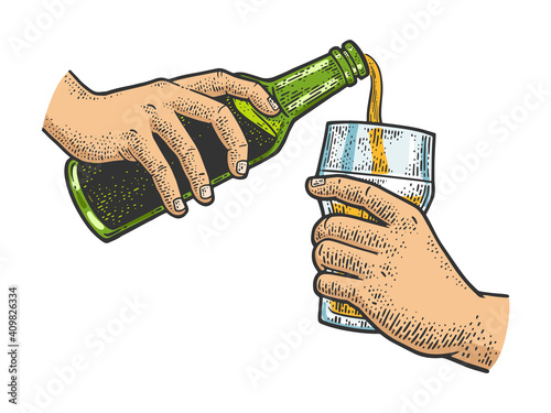 pouring beer from bottle into glass color sketch engraving vector illustration. T-shirt apparel print design. Scratch board imitation. Black and white hand drawn image.
