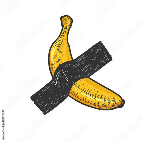 banana taped to wall by adhesive tape modern art color sketch engraving vector illustration. T-shirt apparel print design. Scratch board imitation. Black and white hand drawn image.