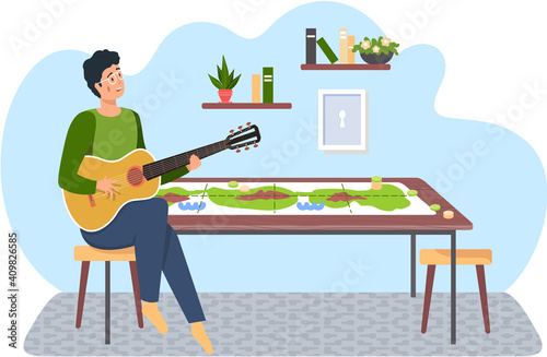 Study guitar play. Guitarist making music. Musician on background of board game. Man perform at home. Landing page design layout. Male character creates music. Guy plays strings on instrument