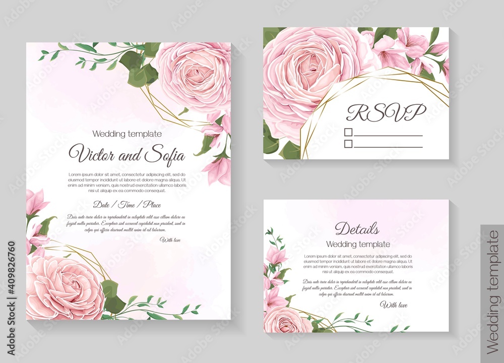 Floral template for wedding invitation. Invitation card, rsvp, detailы. Pink roses, sakura, magnolia, green plants and flowers, gold polygonal, frame, watercolor.
