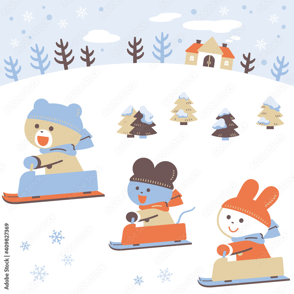 ソリあそびをするクマ・ウサギ・ネズミ／セット／4色・シンプルカラー