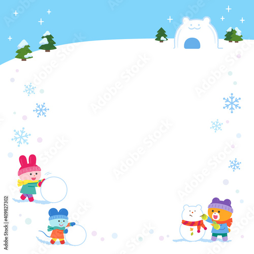雪あそびをするクマ・ウサギ・ネズミ／フレーム