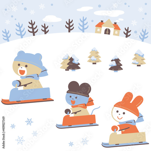 ソリあそびをするクマ・ウサギ・ネズミ／セット／4色・シンプルカラー