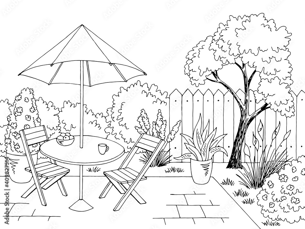 Garden graphic backyard table black white sketch illustration vector