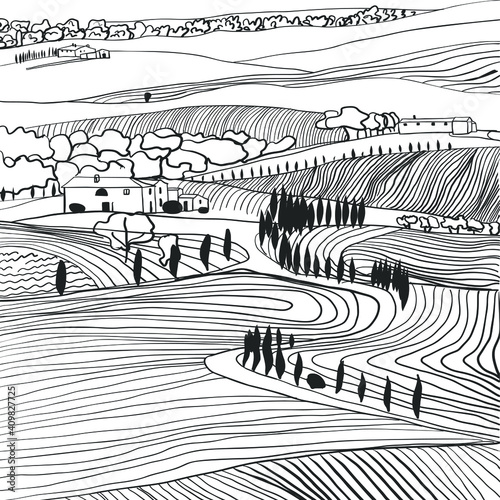 Black and white hand drawn Toscana countryside scenery. Graphic vector illustration Italian landscape