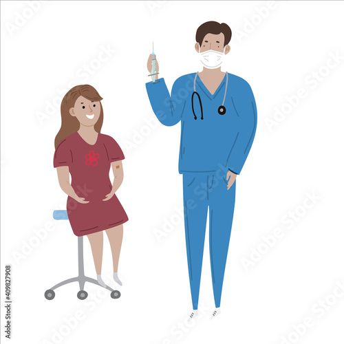 Vector hand drawn illustration of immunication vaccination concept. Caucasion doctor with sirynge and happy asian girl child who received the vaccine.
