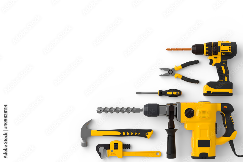 Set of construction tools for repair and installation on white background Set of construction tools for repair and installation on white background