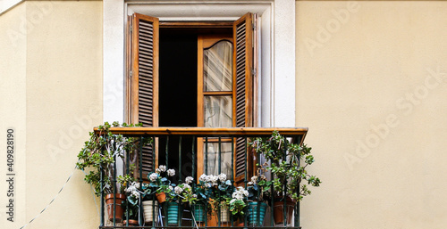 Typical oldtown balcony flower pots in Andalusia, Spain