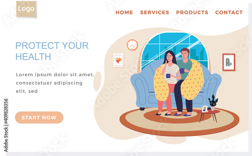 Landing page template. Protect human health concept. Couple resting and drinking antiviral at home. Man and woman in blanket drink tea. Internet website layout. Guy and girl spend time together