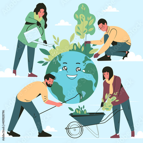 People take care about planet Earth. Ecology concept, save energy and Environmental protection. Flat vector illustration.